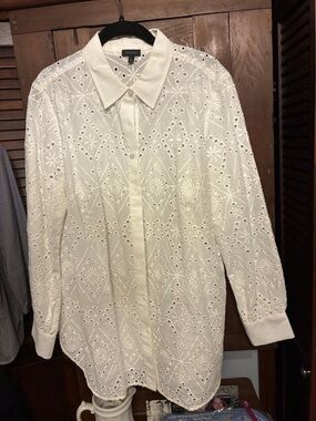 Talbots White Eyelet Long-Sleeve Button-Down Shirt